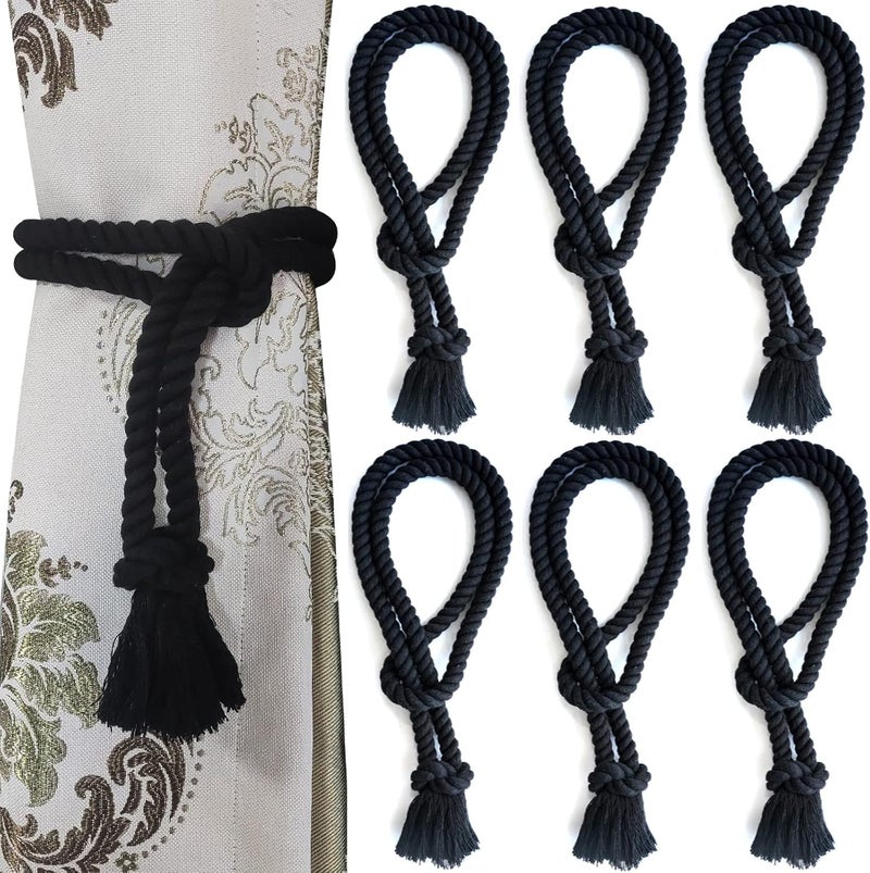 Yteseery 6 Pack Curtain tiebacks Rope, Outdoor Curtain Tiebacks, Natural Cotton Curtain Ties, Village Rural Rustic Farmhouse Curtain Holdbacks Curtain tie Backs Holders for Heavy Duty Drapes, Black - Image 1